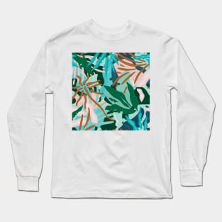 Abstract Tropical Jungle / Turquoise, Green, Sand and Light pink Long Sleeve T-Shirt